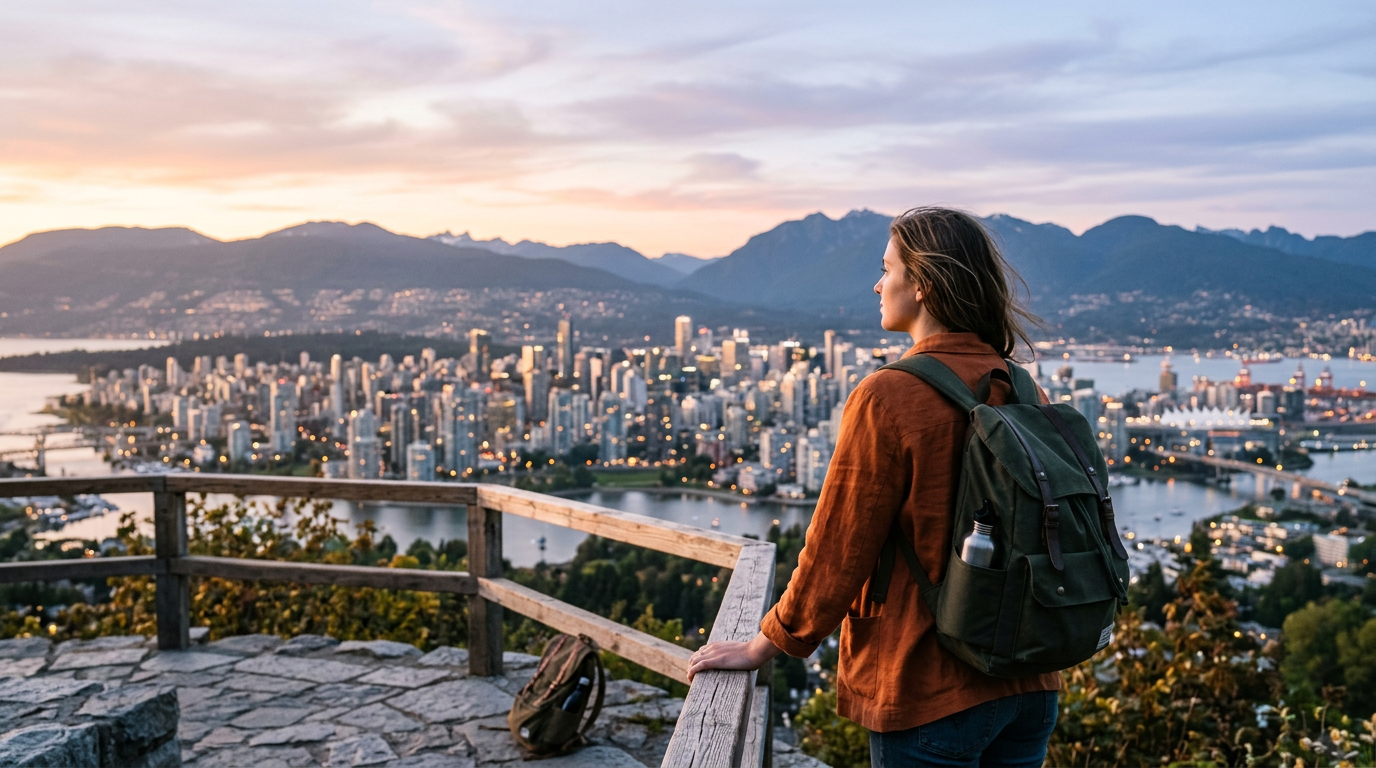 A woman with a backpack overlooking a city skyline with mountains at golden hour